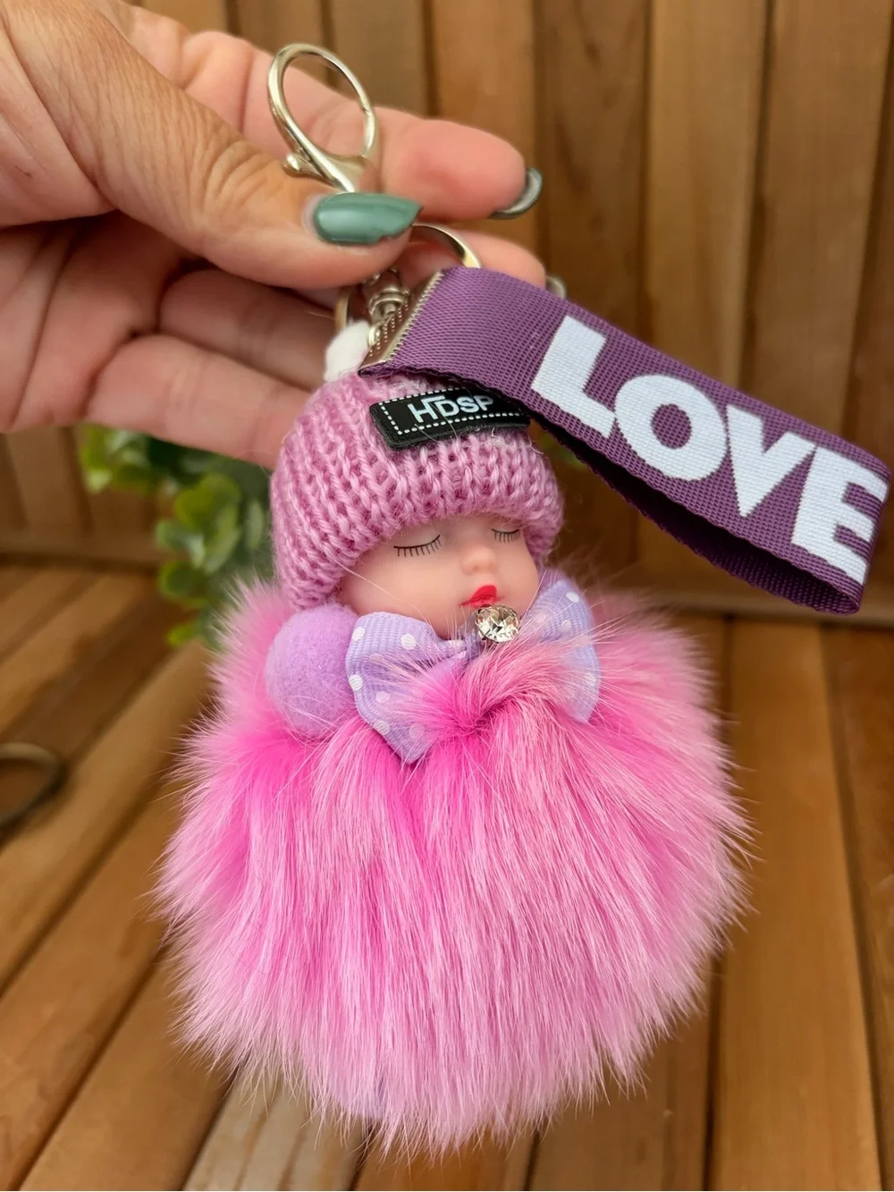 Love Doll Keychain - Barbie Pink, Lilac, Red Fluffy Baby Doll Keyrings, Love Tag
